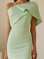 Light Green Satin Dress with Asymmetric Shoulder Detail