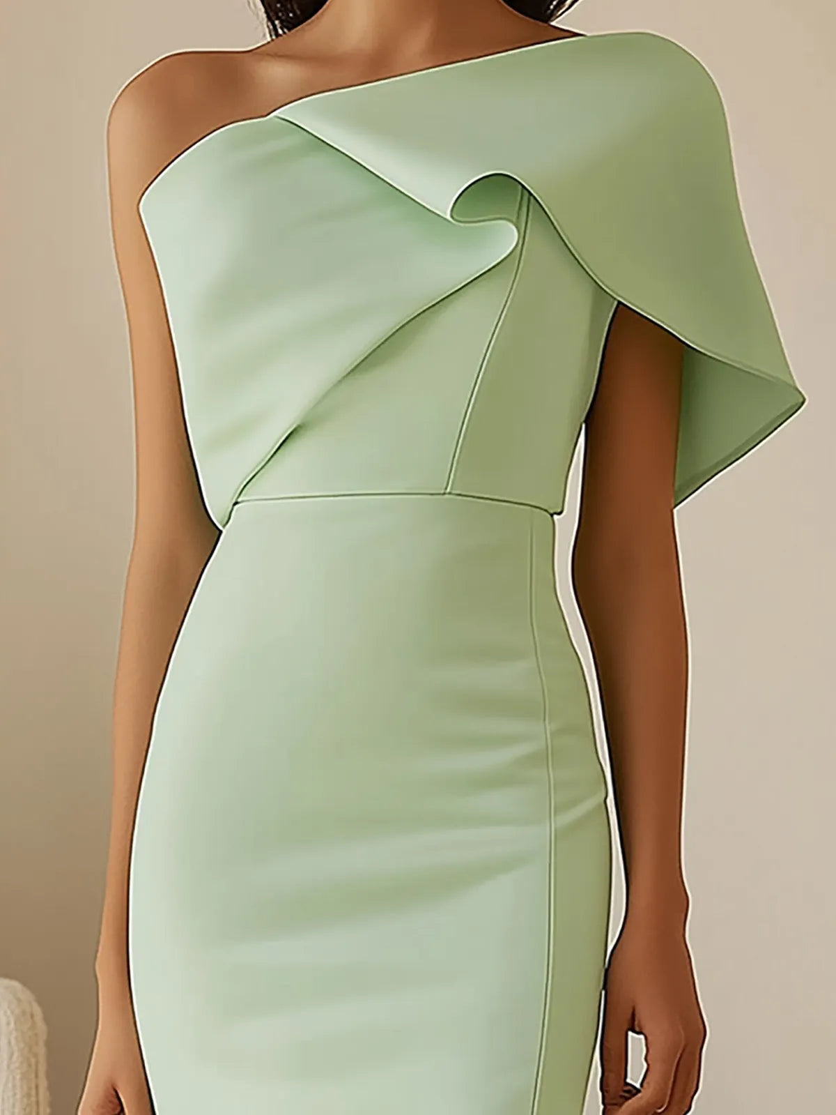 Light Green Satin Dress with Asymmetric Shoulder Detail