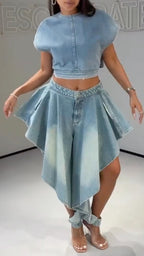 Women's Denim Two-Piece Set: Cap-Sleeve Cropped Top + Asymmetrical Pants