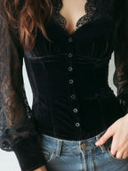 Luxurious Black Velvet Corset Top With Lace Sleeve