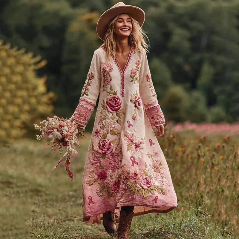 Classy Classy Gradient Pink Roses Cancer Awareness Ribbon Embroidered Linen Maxi Dress