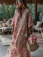 Women's Vintage Pink Floral Art V Neck Long Sleeve Maxi Dress