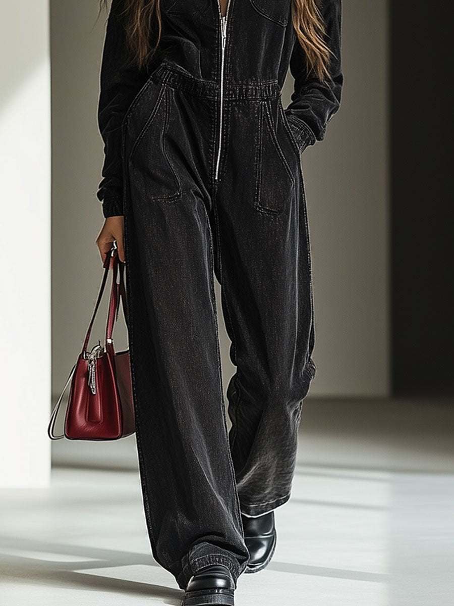 [24-hour shipping out]Casual Loose Vintage Denim Elastic Waist Zipper Hooded Jumpsuit
