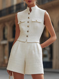 Elegant Tweed Stand Collar Gold Button Vest & High-Waisted Shorts Two-Piece Set