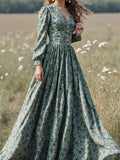 Maxi Linen Dress, Long Sleeves, V Neck, Floral, Button Design, Vintage, Green