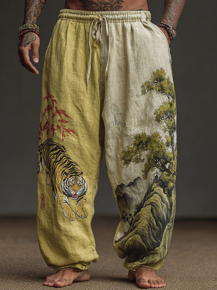 Men's Retro Japanese Tiger Embroidery Art Linen-blend Casual Pants