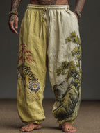 Men's Retro Japanese Tiger Embroidery Art Linen-blend Casual Pants