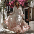 Women's Greece Vacation Greek Key With Floral Print Dress