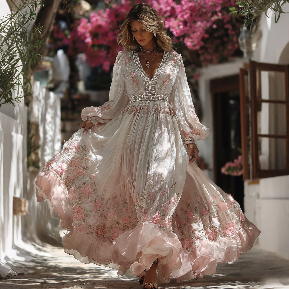 Women's Greece Vacation Greek Key With Floral Print Dress