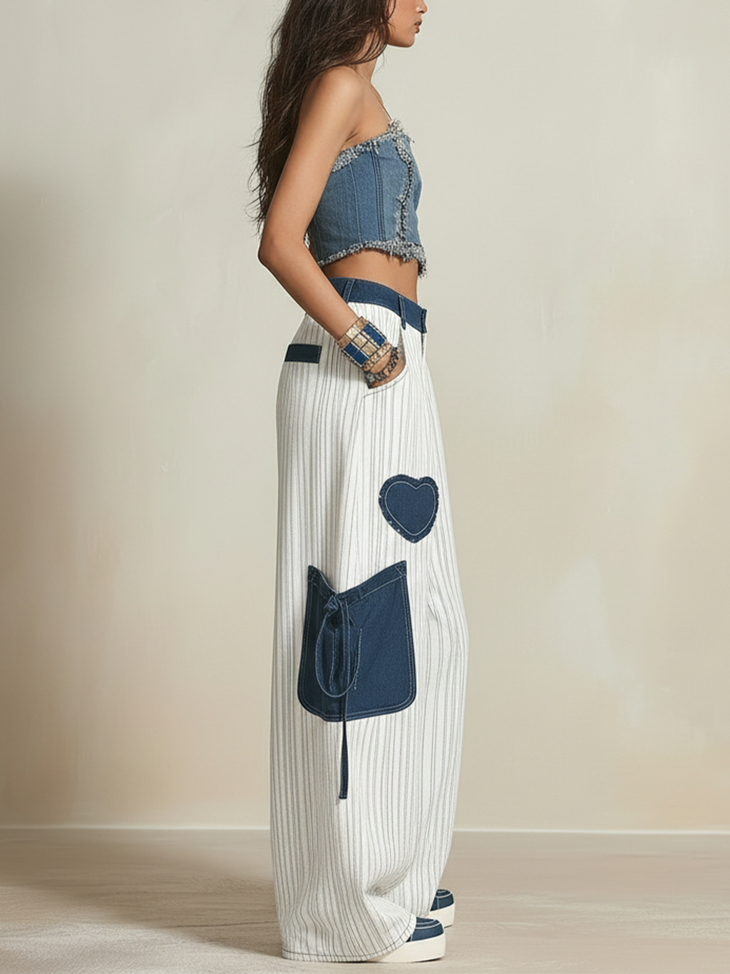 Oversized Striped Denim Patch Wide-Leg Cargo Pants