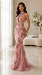 Floral Beaded Halter Mermaid Formal Dress