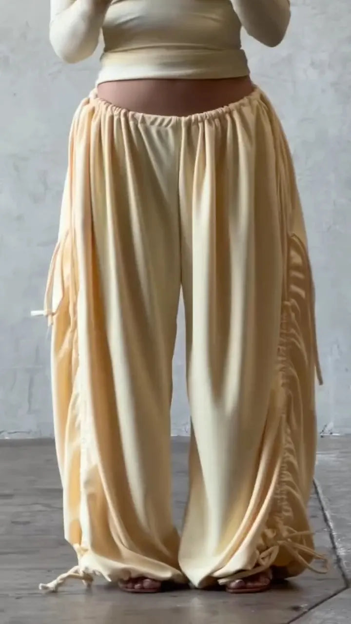 Elastic Waist Drawstring Wide Leg Pants