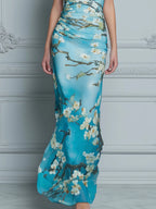 Draped Cowl Neck Floral Bodycon Maxi Dress
