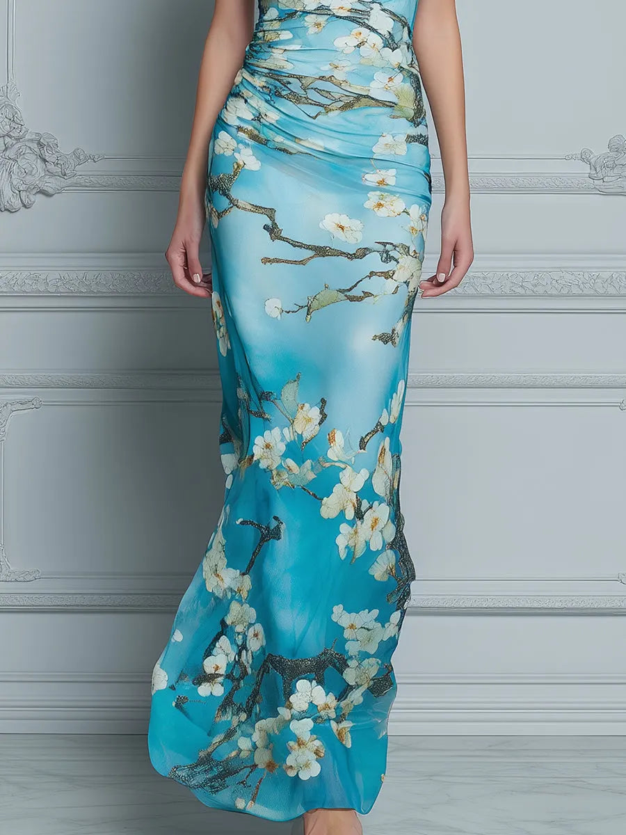 Draped Cowl Neck Floral Bodycon Maxi Dress