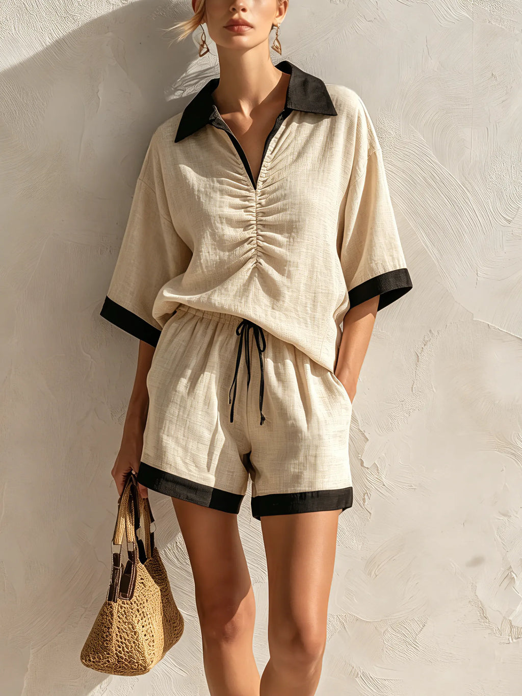 Beige Linen-Blend Contrast Trim Ruched Top & Drawstring Shorts Two-Piece Set