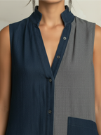 Color-Block Denim Maxi Shirt Dress — Sleeveless Button-Front Casual Maxi Dress