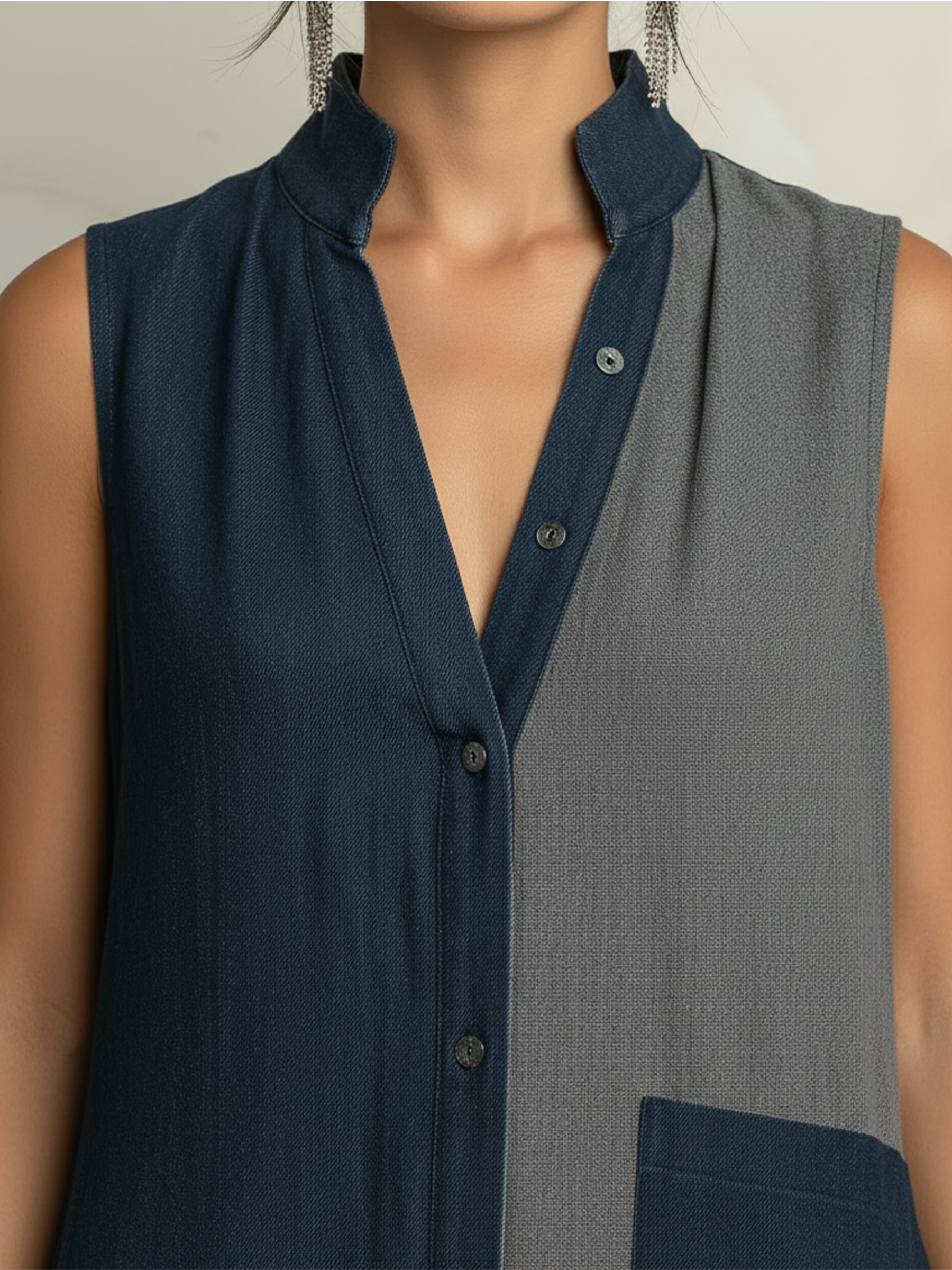 Color-Block Denim Maxi Shirt Dress — Sleeveless Button-Front Casual Maxi Dress
