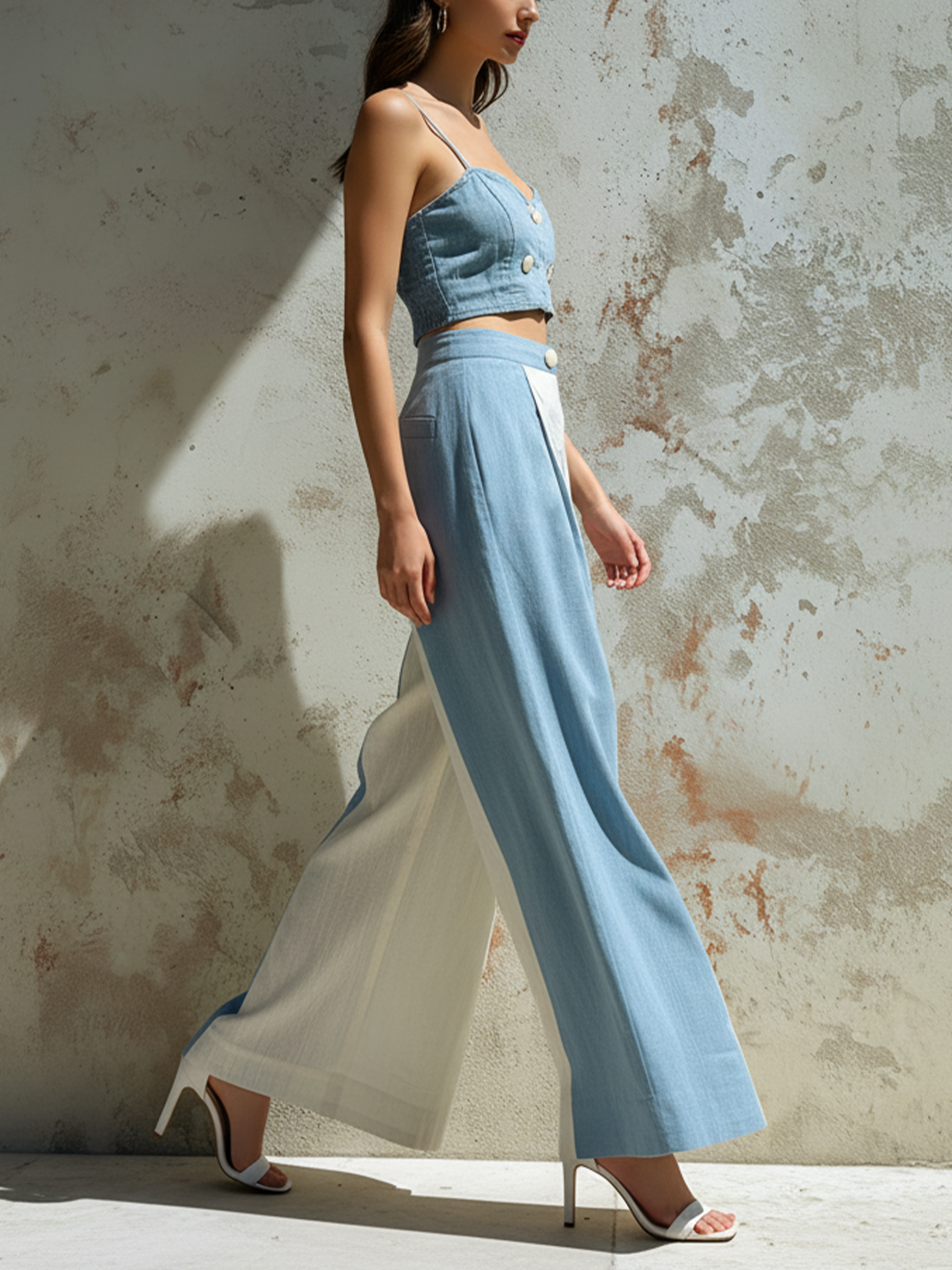 Blue & White Colorblock Linen Wide Leg Pants