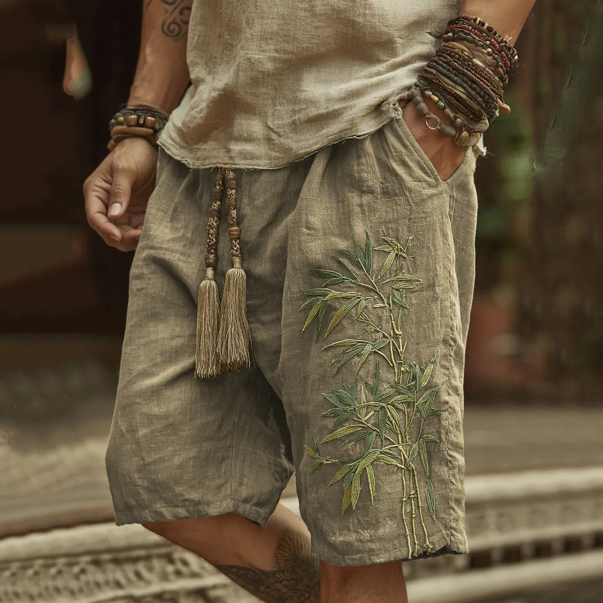 Japanese Bamboo Embroidery Art Linen Blend Casual Shorts