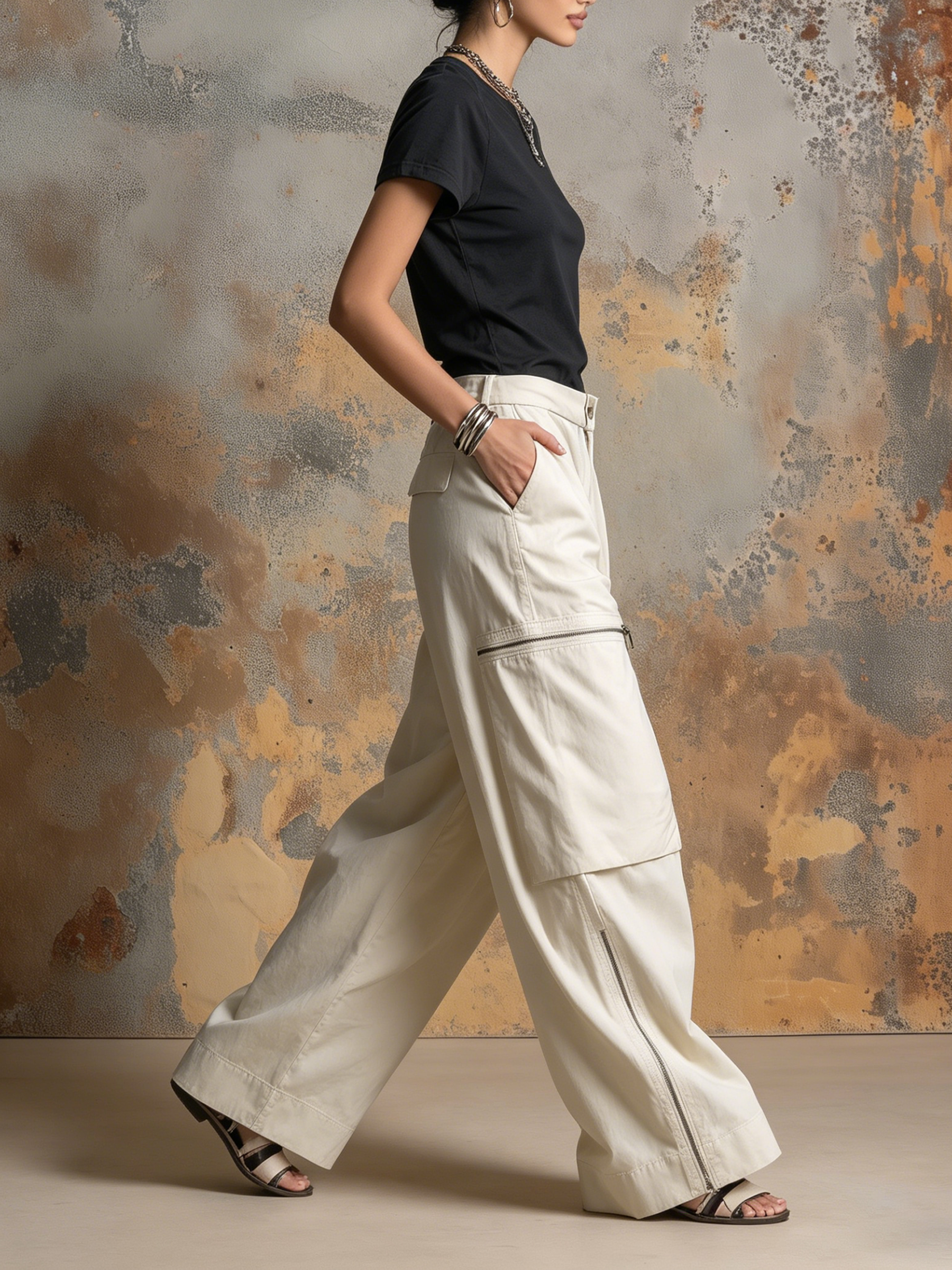 Oversized Zip-Detail Parachute Cargo Pants