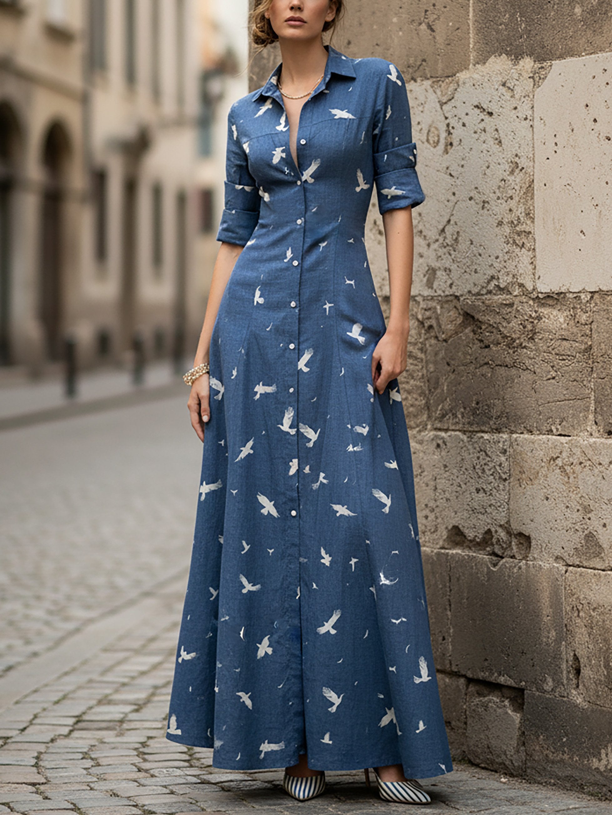 Maxi Linen Dress, Long Sleeves, Shawl Collar, Bird, Button Design, Vintage, Blue