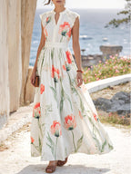 Maxi Linen Dress , Sleeveless, V Neck, Floral, Lace, Vacation, Vintage, Coral