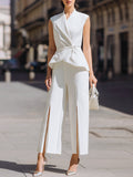 Asymmetric Draped Peplum Top Slit Wide-Leg Pants Set