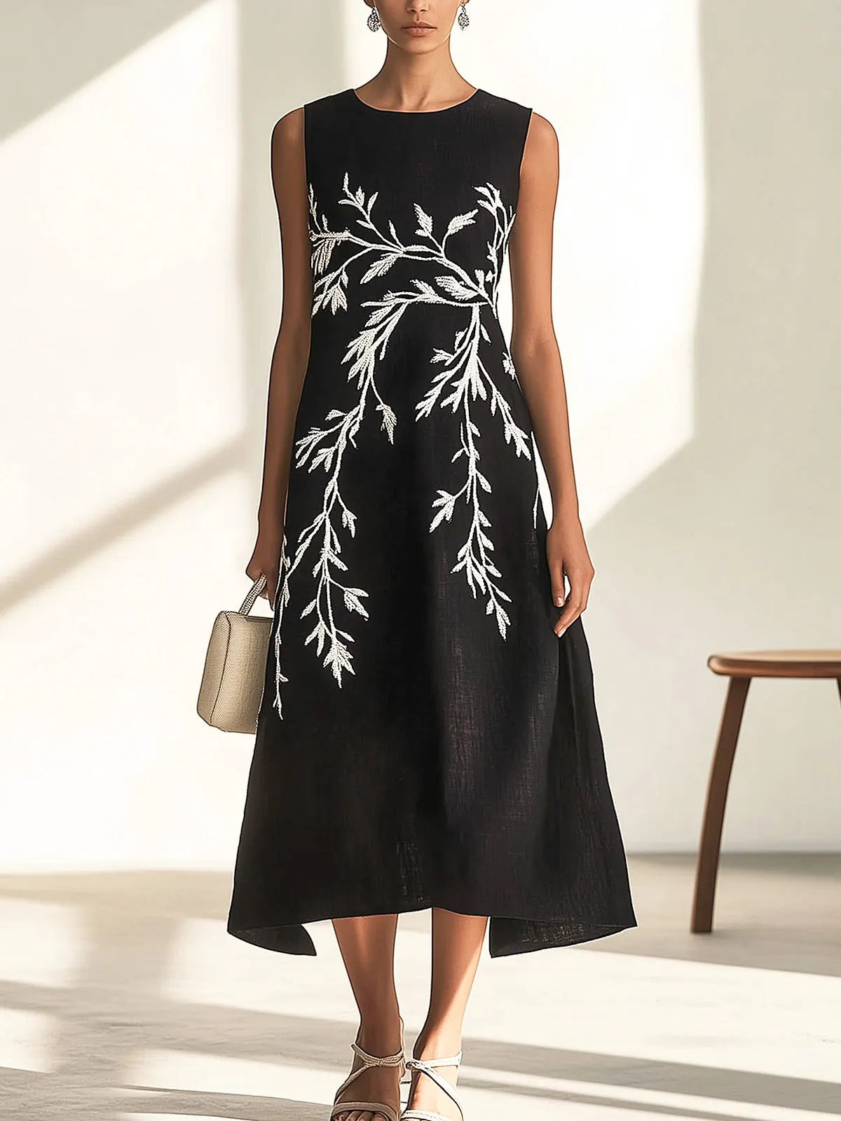 Stylish Black Linen Dress with Embroidered Details