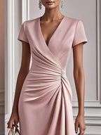 Pink Irregular Craftsmanship Ruched A-Line Short Sleeve Midi Dress