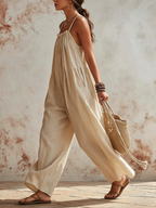 Linen-Blend Gathered Neckline Wide-Leg Jumpsuit