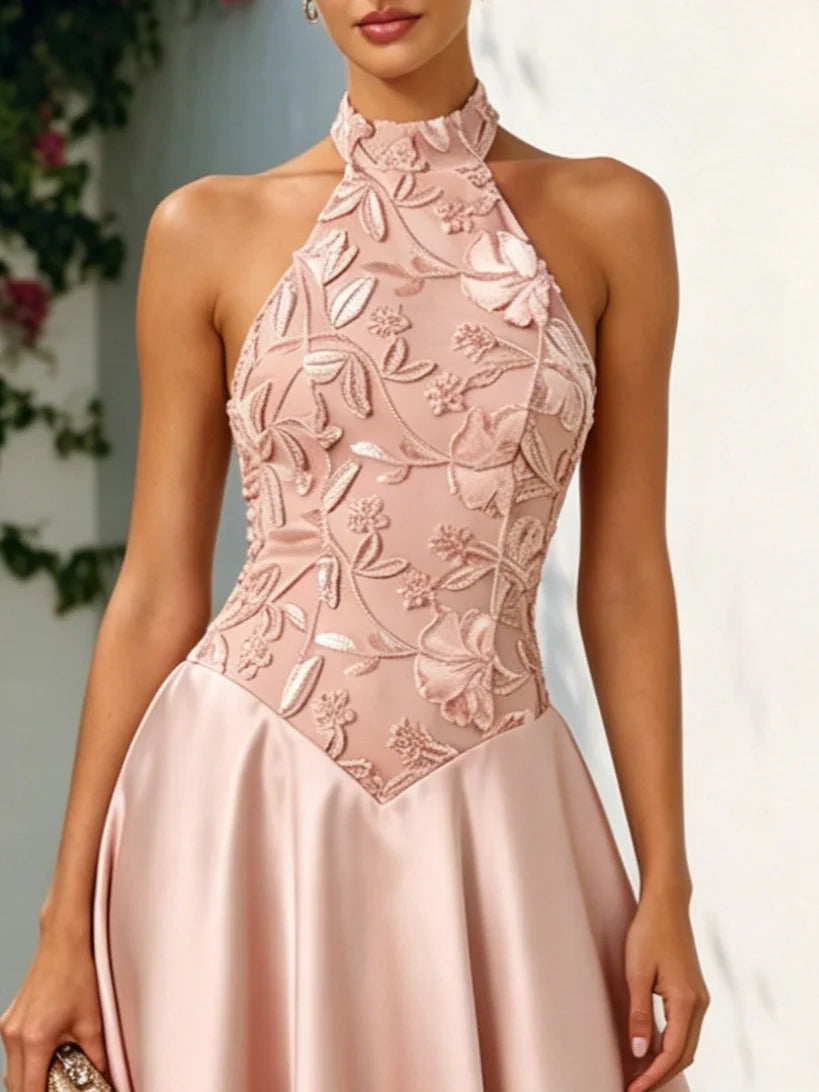 Pink Satin Halter Neck Sleeveless A-Line Midi Dress