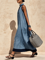 Chic Halter Neck Denim Maxi Dress with Contrast Trim