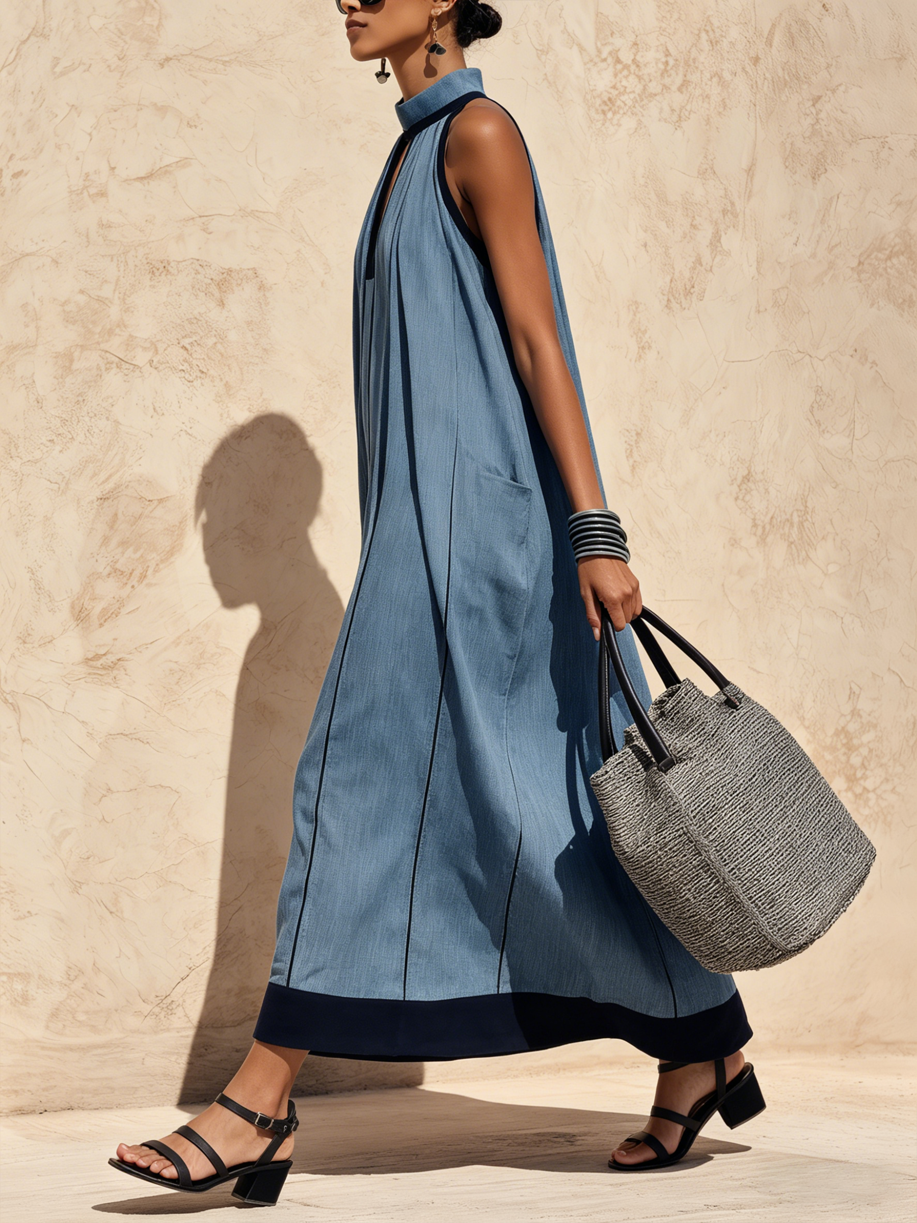 Chic Halter Neck Denim Maxi Dress with Contrast Trim