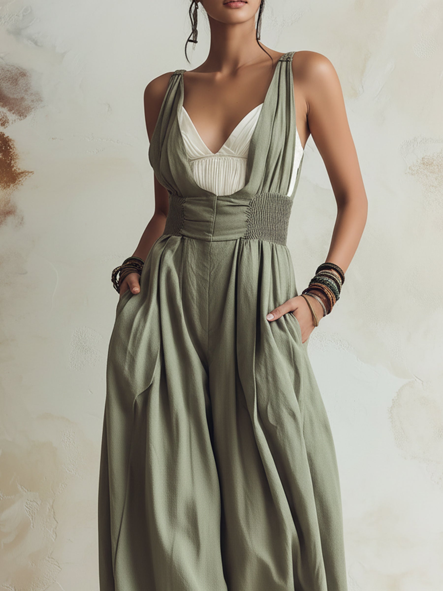 Olive Green Smocked Waist Wide-Leg Linen Jumpsuit With Pockets
