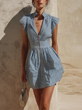 Blue & White Striped Ruffle Sleeve Zip-Front Mini Dress