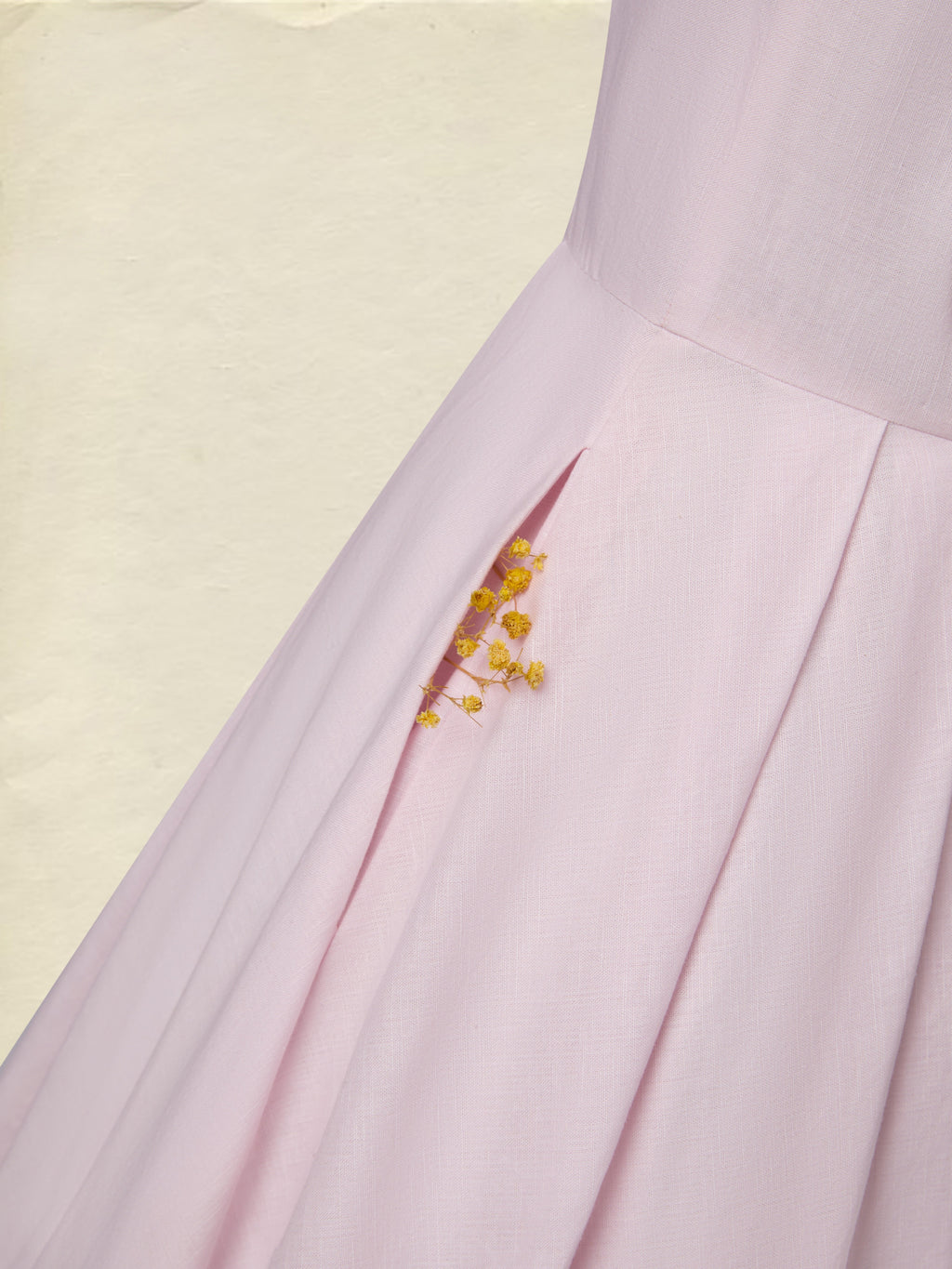Midi Linen Dress, Half Sleeve, V Neck, Plain, Pocket Design, French Vintage, Light Pink