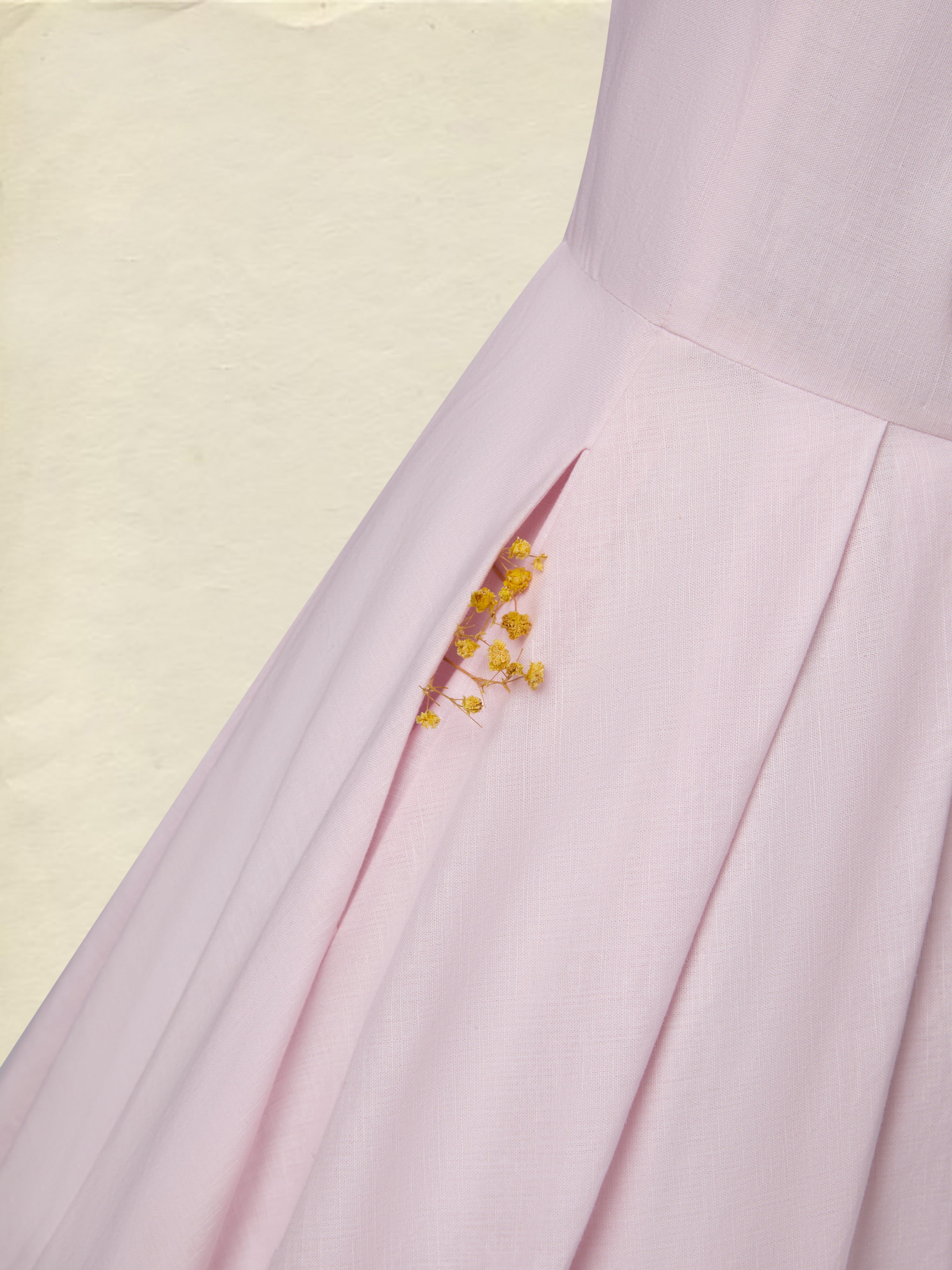 Midi Linen Dress, Half Sleeve, V Neck, Plain, Pocket Design, French Vintage, Light Pink