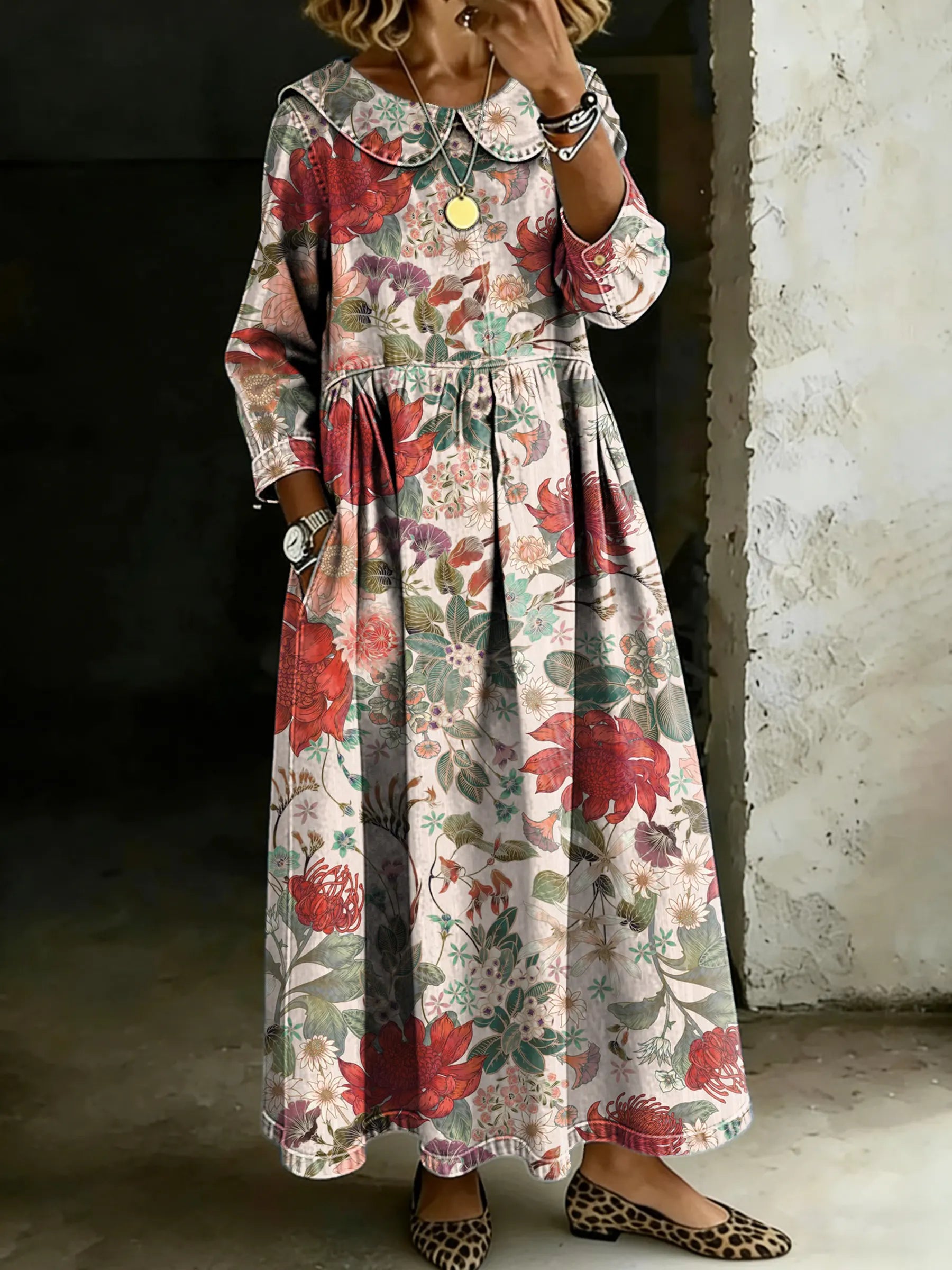 Women's Retro Multicolor Floral Splicing Long-sleeved Loose-fitting Casual Denim Dress