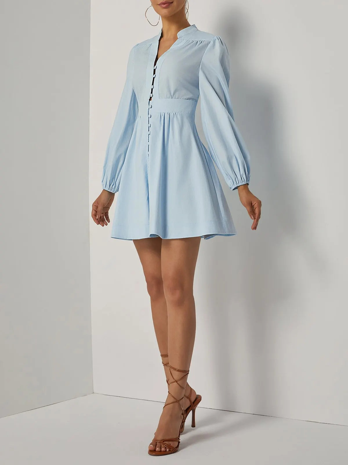 Light Blue Buckle Gathered Cotton V Neck Long Sleeve Balloon Sleeve A-Line Mini Dress