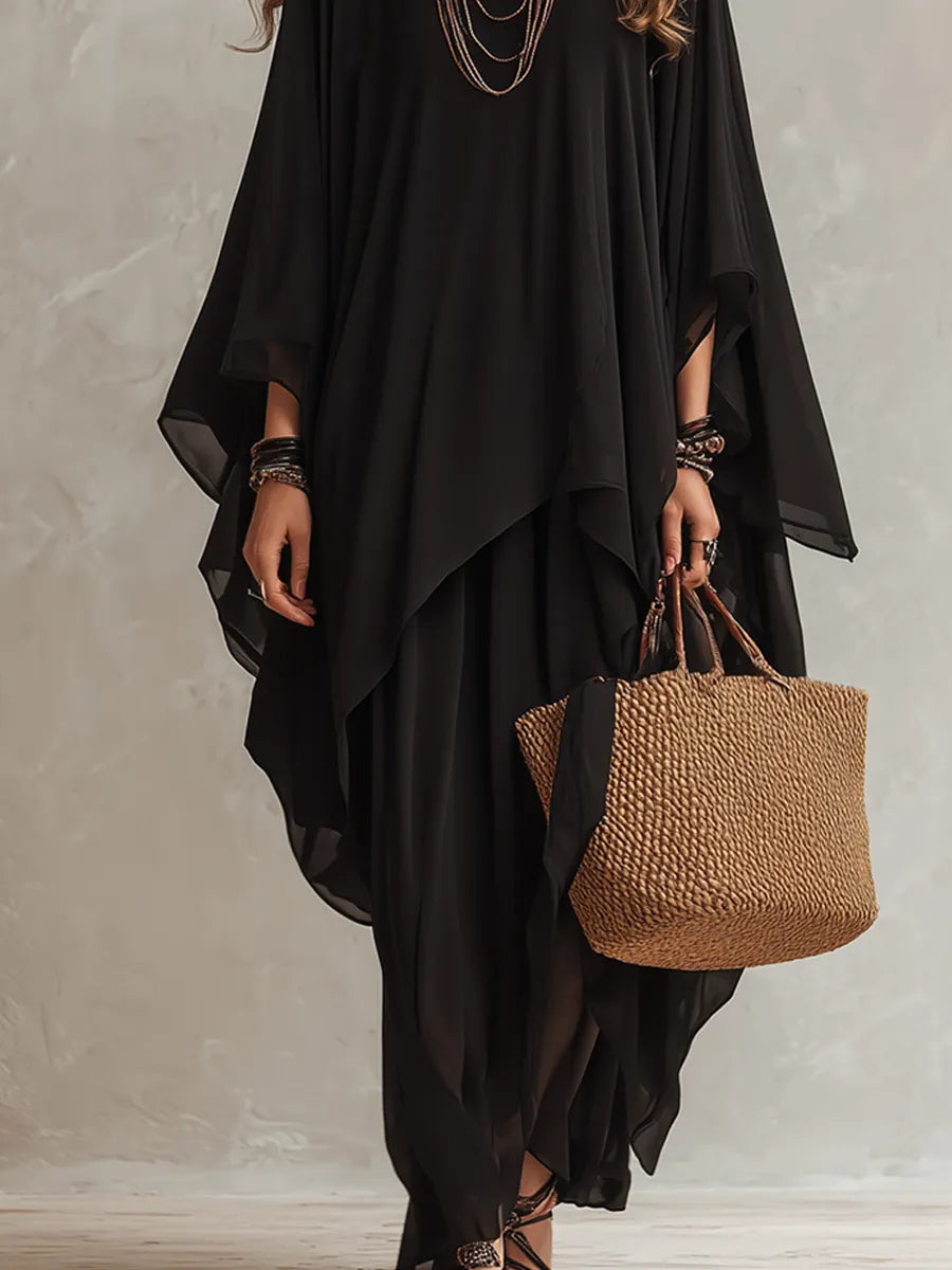 Bohemian Black Chiffon Asymmetrical Long Skirt