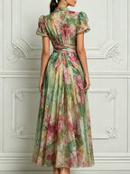 Watercolor Floral Print Puff Sleeve Split Chiffon Maxi Dress