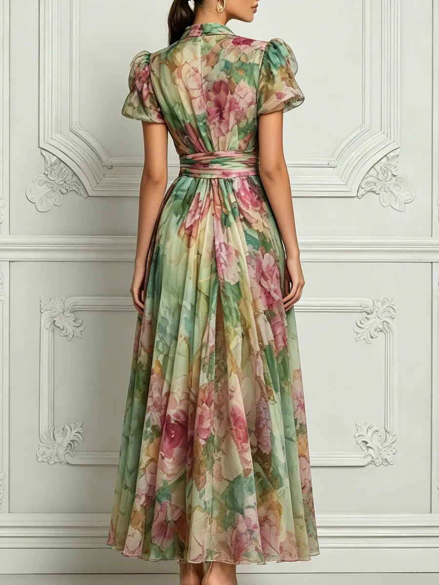 Watercolor Floral Print Puff Sleeve Split Chiffon Maxi Dress