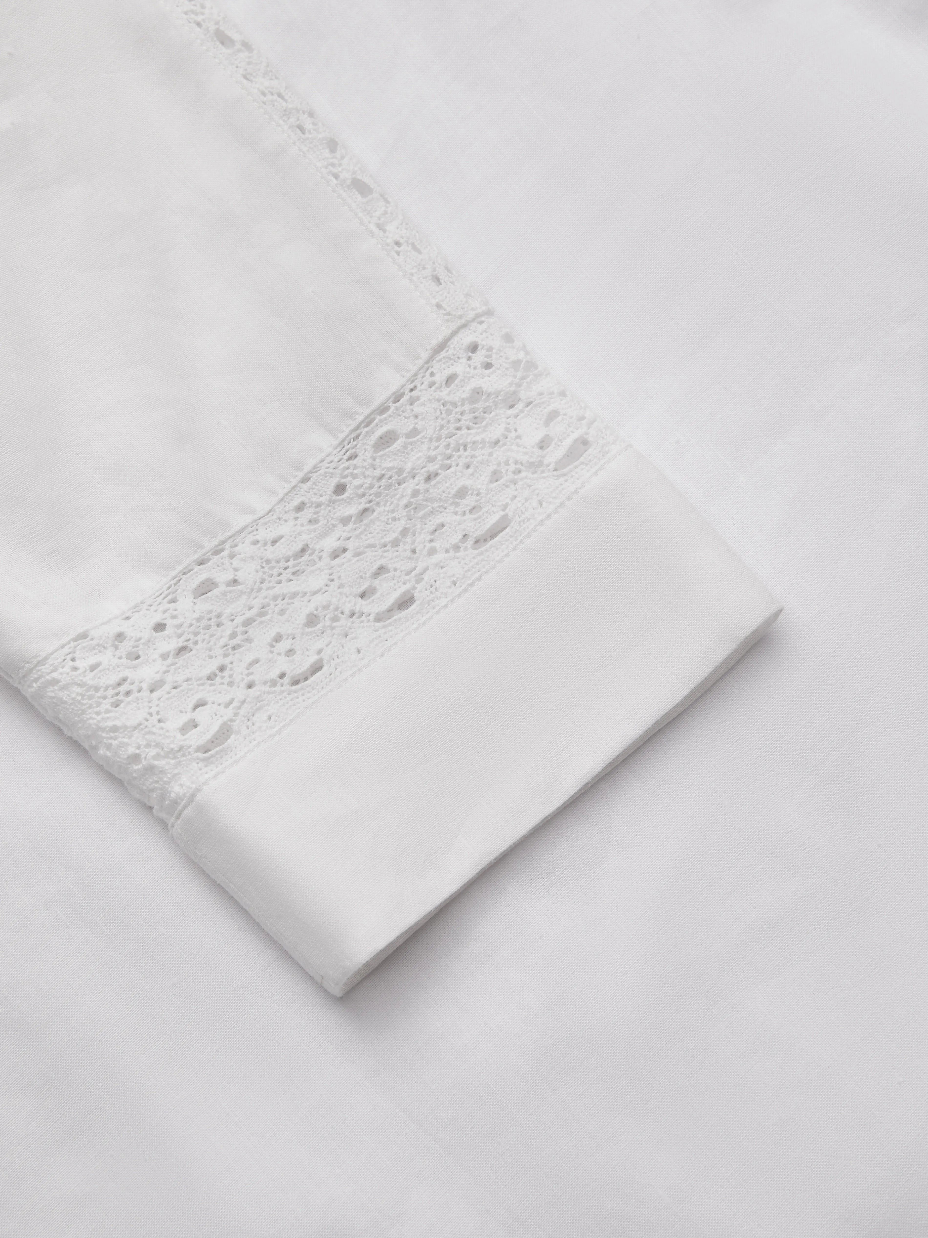 Midi Cotton Dress, Half Sleeve, Round Neck, Plain, Lace, Vacation, Vintage, White