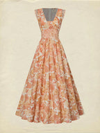 Maxi Linen Dress, Sleeveless, V Neck, Floral, Lace, Vacation, Vintage, Light Orange