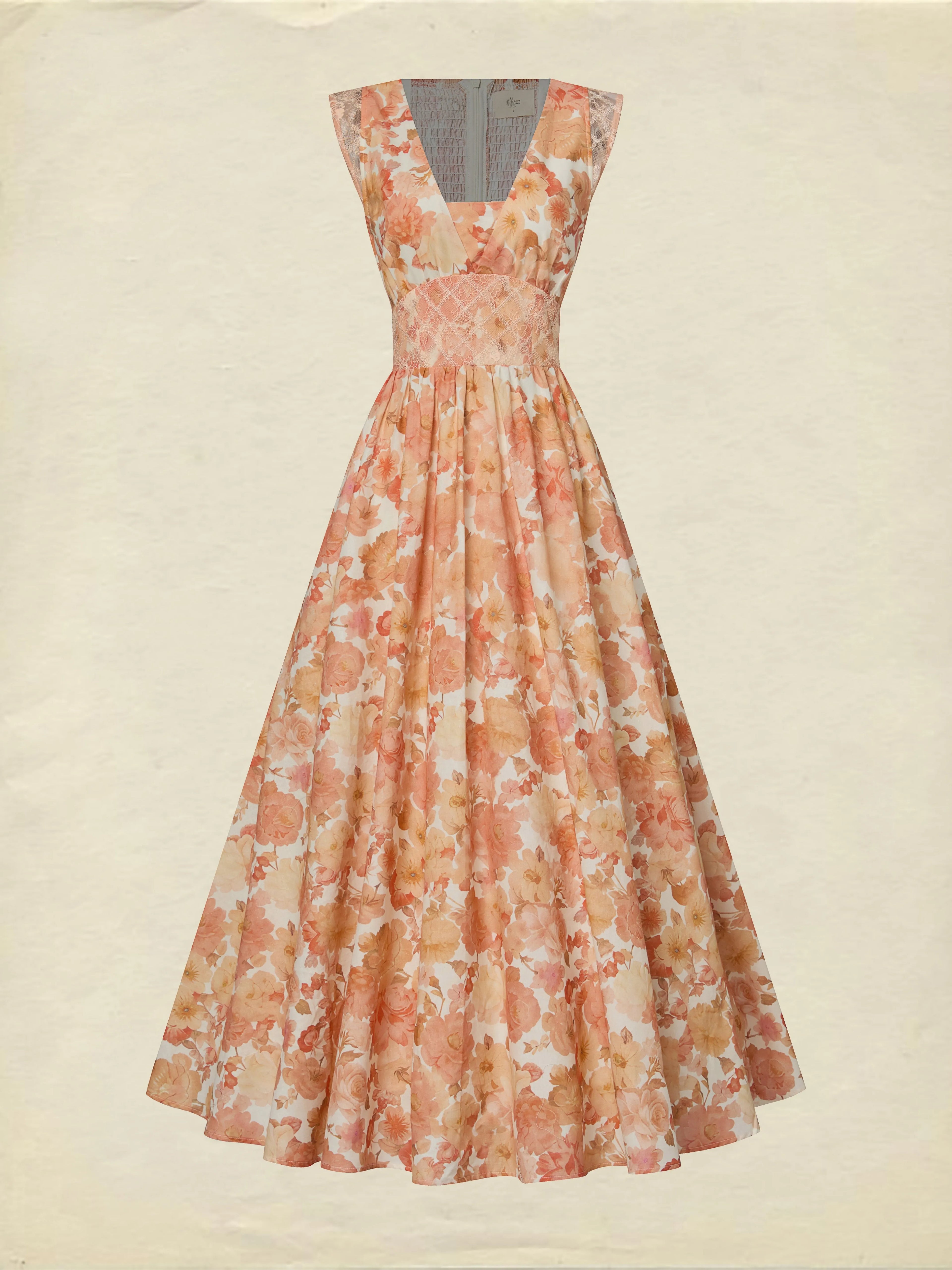 Maxi Linen Dress, Sleeveless, V Neck, Floral, Lace, Vacation, Vintage, Light Orange