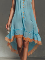 Blue And Orange Lace Trim Color Block Chiffon Midi Dress With Buttons