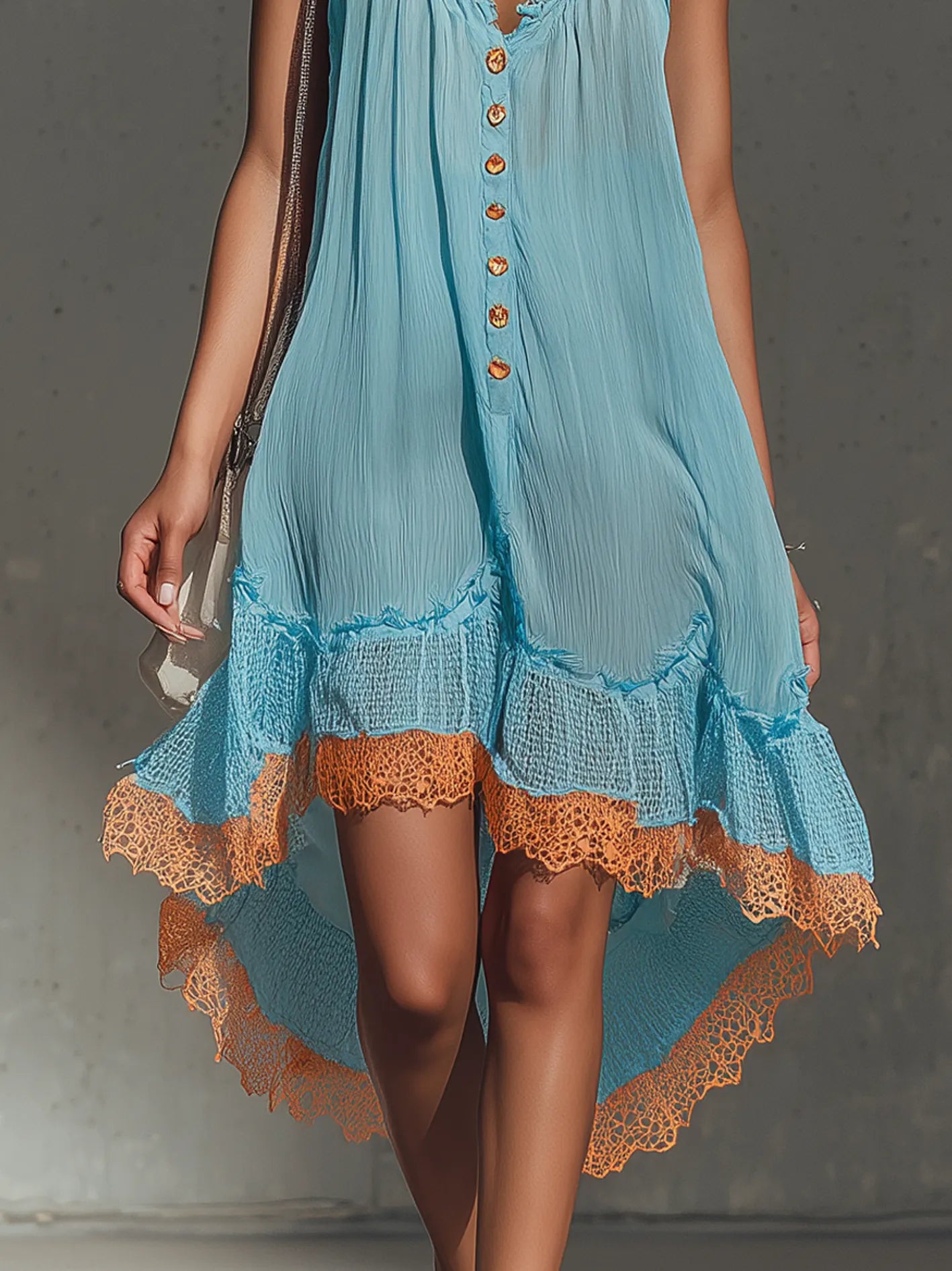 Blue And Orange Lace Trim Color Block Chiffon Midi Dress With Buttons