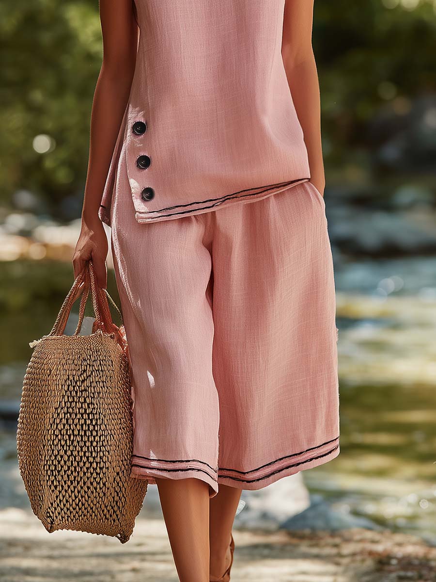 Casual Versatile Pink Cotton-Linen Crew-Neck Slits Top And Cropped Pants Set