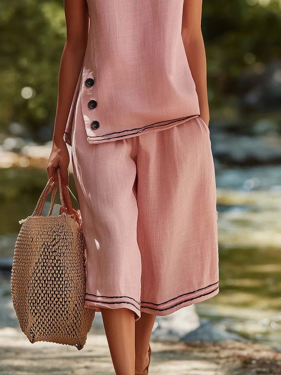 Casual Versatile Pink Cotton-Linen Crew-Neck Slits Top And Cropped Pants Set