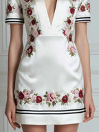 Deep V-Neck Floral Embroidered Contrast Trim Mini Dress